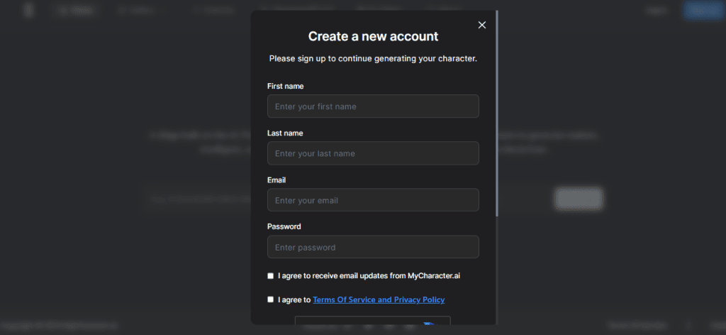 Sign Up with mycharacter.ai website