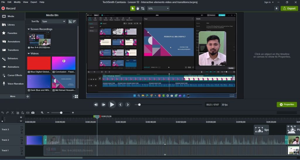 Video Editing Software Camtasia for online course.